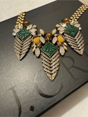 NWT J.Crew Art Deco Mixed Resin Rhinestone Statement Necklace Gift Set Box Pouch